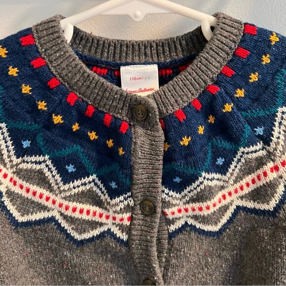 Hanna Andersson Flecked Dark Heather Grey Fair Isle Cardigan Sweater Size 5 - Picture 2 of 7
